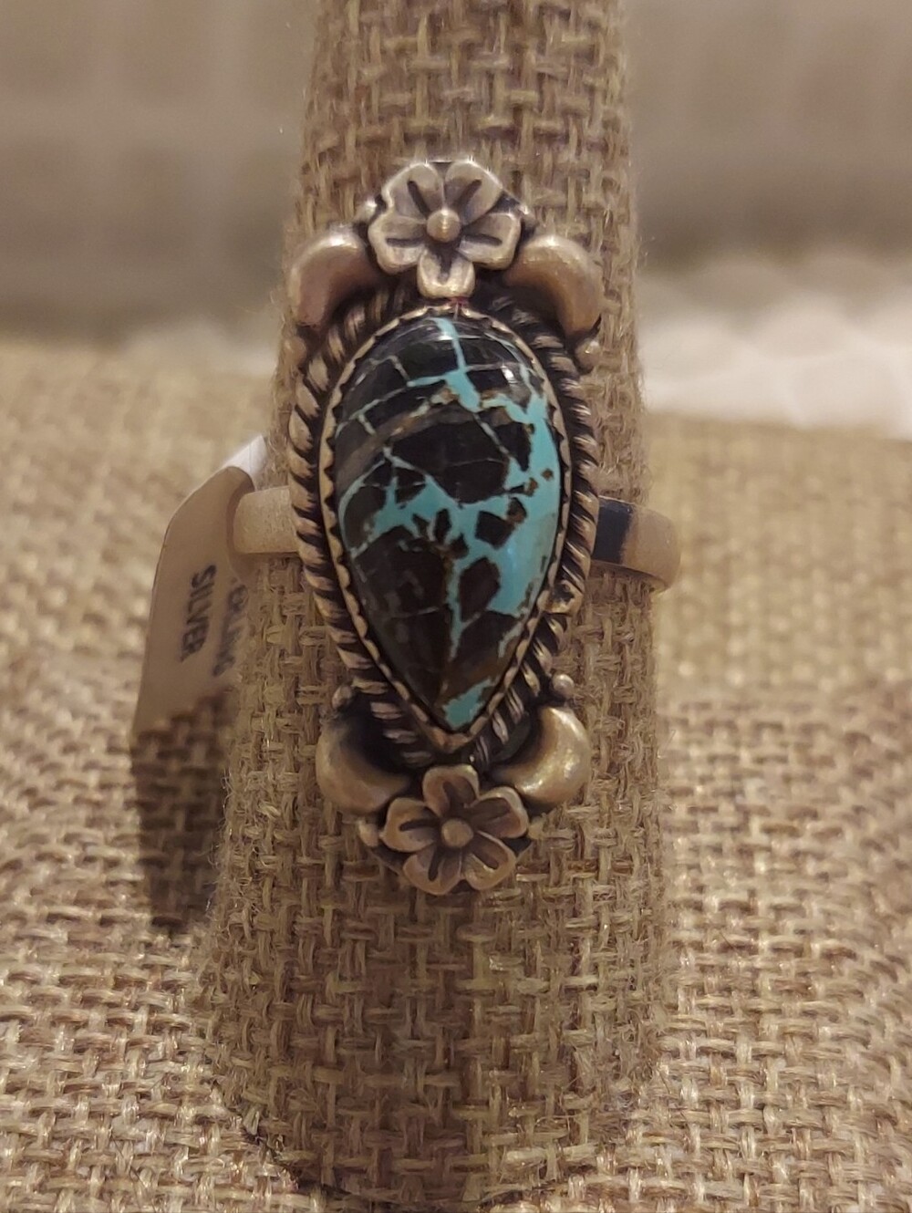 New Brushed Sterling Silver & Blackjack Turquoise Adjustable Ring - Picture 2 of 13